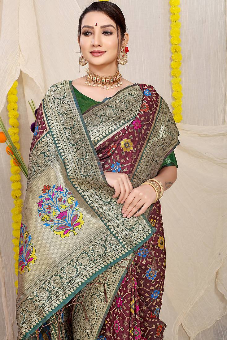 Maroon patola silk blend zari woven saree with blouse piece