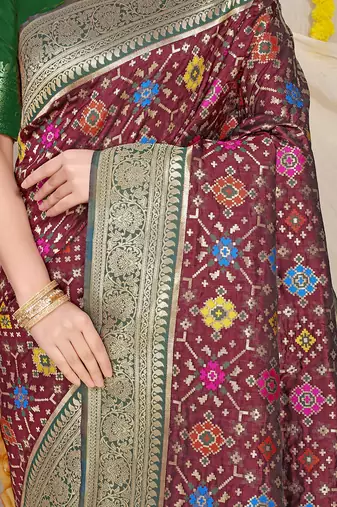 Maroon patola silk blend zari woven saree with blouse piece