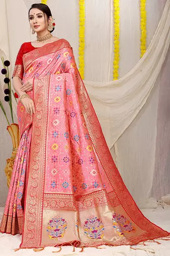 Baby pink patola silk blend zari woven saree with blouse piece
