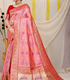 Baby pink patola silk blend zari woven saree with blouse piece