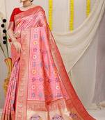 Baby pink patola silk blend zari woven saree with blouse piece