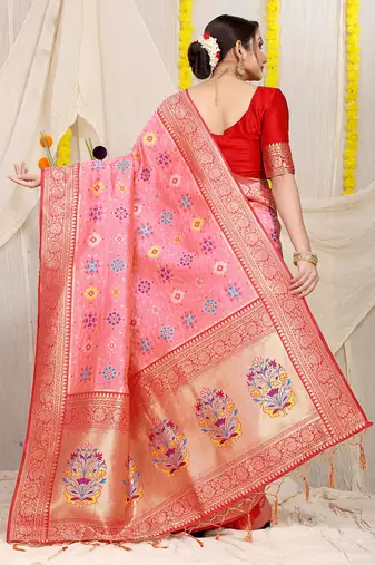 Baby pink patola silk blend zari woven saree with blouse piece