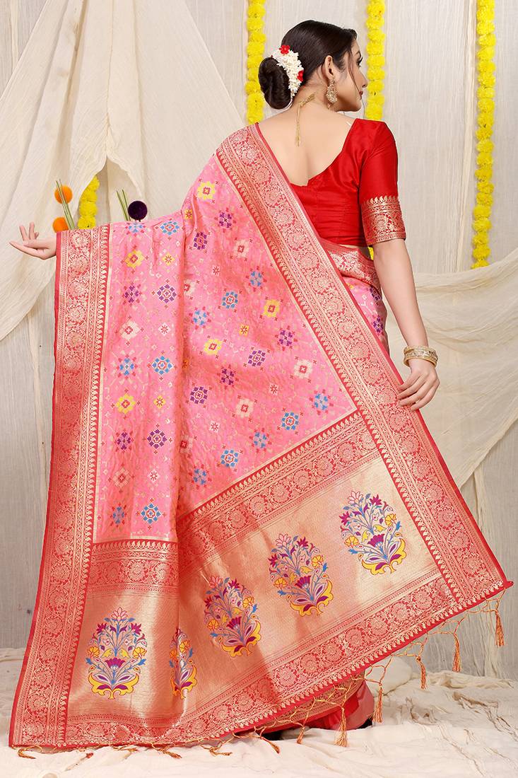 Baby pink patola silk blend zari woven saree with blouse piece