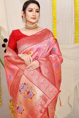 Baby pink patola silk blend zari woven saree with blouse piece 3