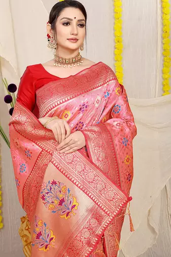 Baby pink patola silk blend zari woven saree with blouse piece