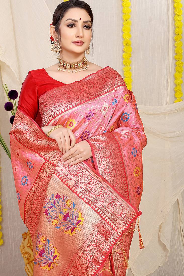 Baby pink patola silk blend zari woven saree with blouse piece