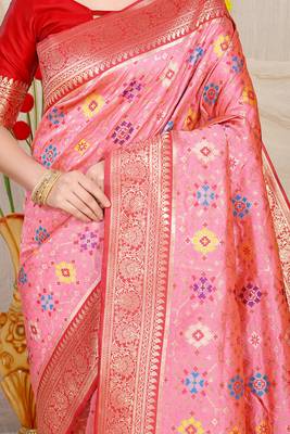 Baby pink patola silk blend zari woven saree with blouse piece 4