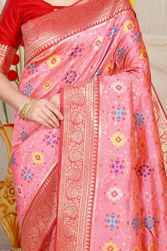 Baby pink patola silk blend zari woven saree with blouse piece
