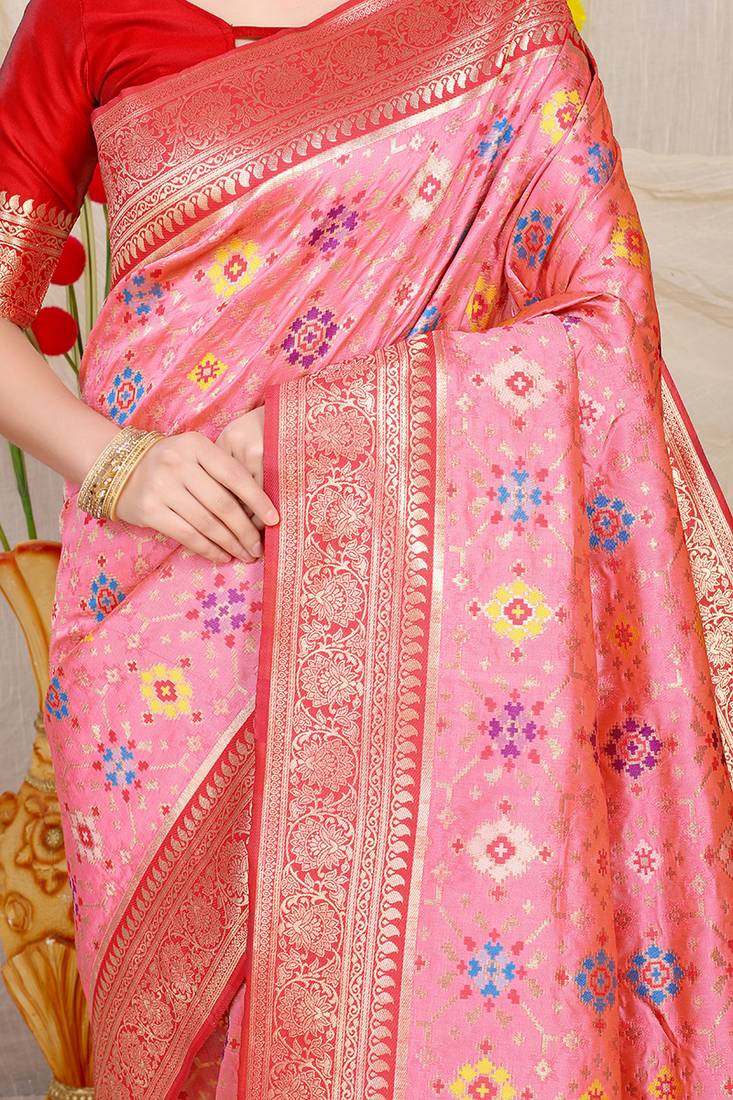 Baby pink patola silk blend zari woven saree with blouse piece