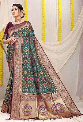 Bottle green patola silk blend zari woven saree with blouse piece 1