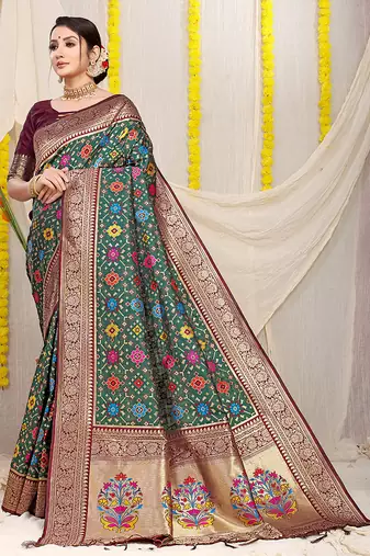 Bottle green patola silk blend zari woven saree with blouse piece