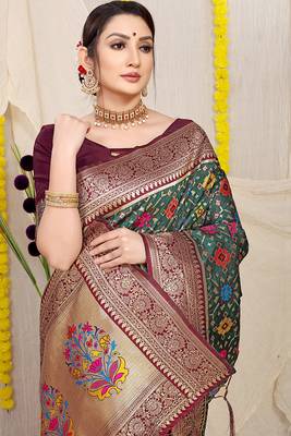 Bottle green patola silk blend zari woven saree with blouse piece 3