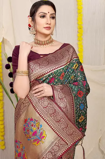 Bottle green patola silk blend zari woven saree with blouse piece