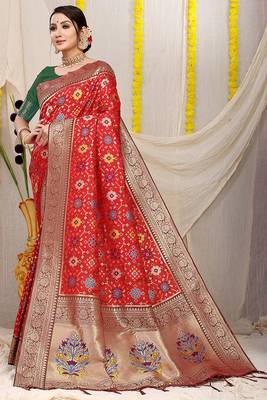 Red patola silk blend zari woven saree with blouse piece 1