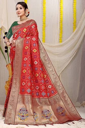 Red patola silk blend zari woven saree with blouse piece