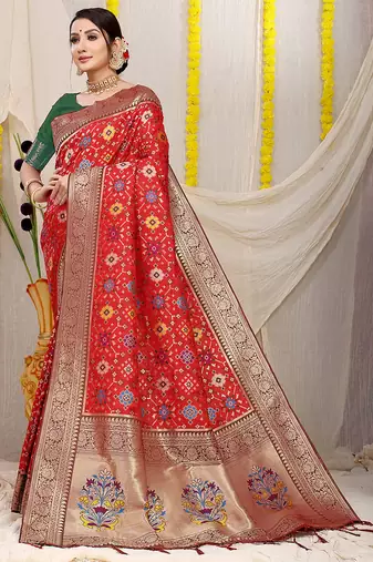 Red patola silk blend zari woven saree with blouse piece