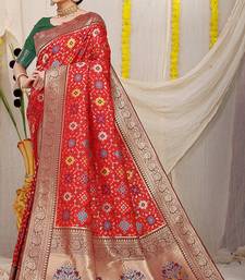 Red patola silk blend zari woven saree with blouse piece