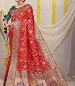 Red patola silk blend zari woven saree with blouse piece