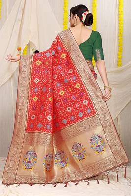 Red patola silk blend zari woven saree with blouse piece 2