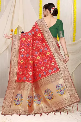 Red patola silk blend zari woven saree with blouse piece