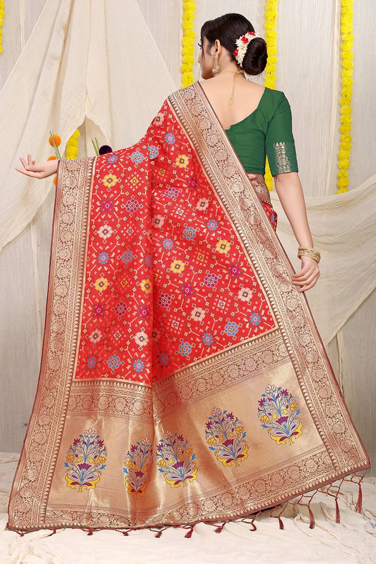Red patola silk blend zari woven saree with blouse piece