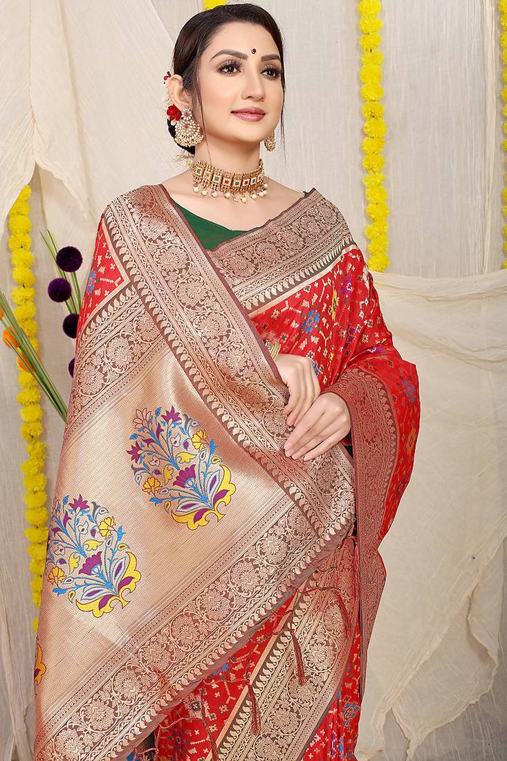 Red patola silk blend zari woven saree with blouse piece