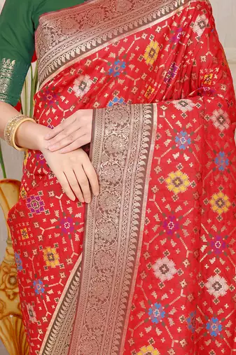 Red patola silk blend zari woven saree with blouse piece