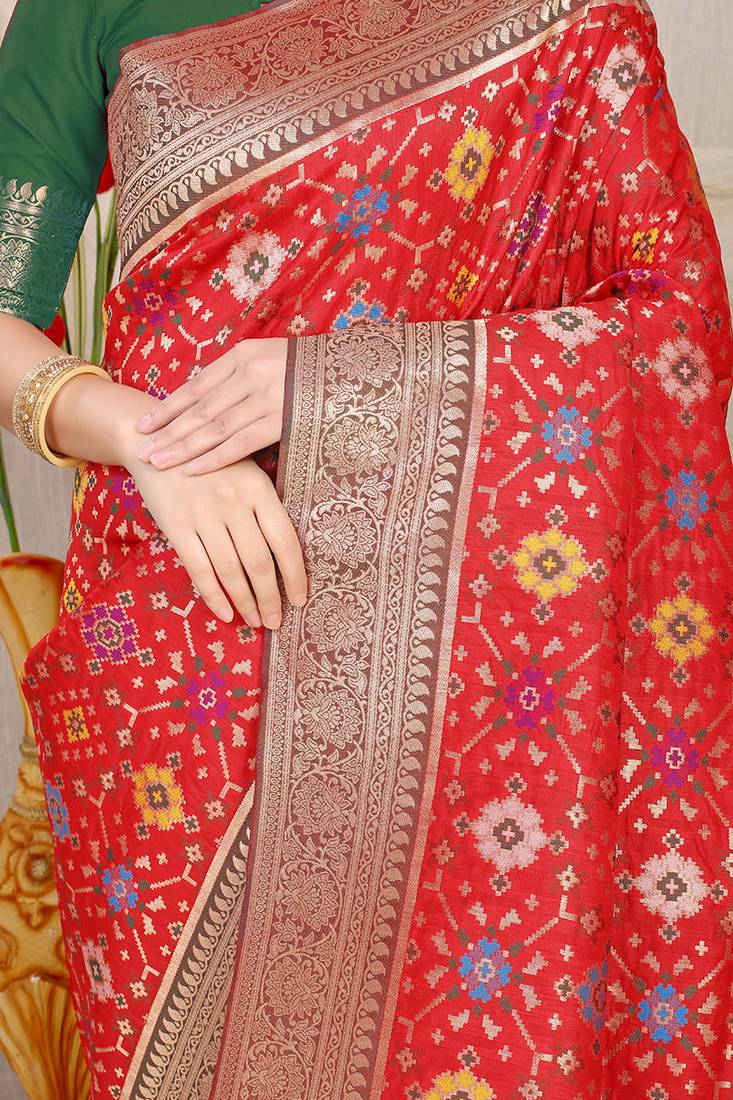 Red patola silk blend zari woven saree with blouse piece