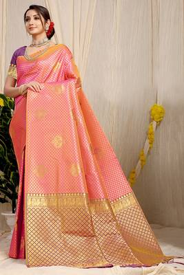 Rani pink kanjivaram silk blend zari woven saree with purple zari border 1
