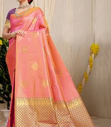 Rani pink kanjivaram silk blend zari woven saree with purple zari border