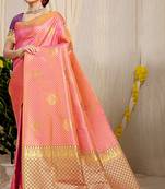 Rani pink kanjivaram silk blend zari woven saree with purple zari border