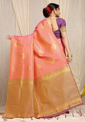 Rani pink kanjivaram silk blend zari woven saree with purple zari border 2