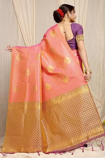 Rani pink kanjivaram silk blend zari woven saree with purple zari border