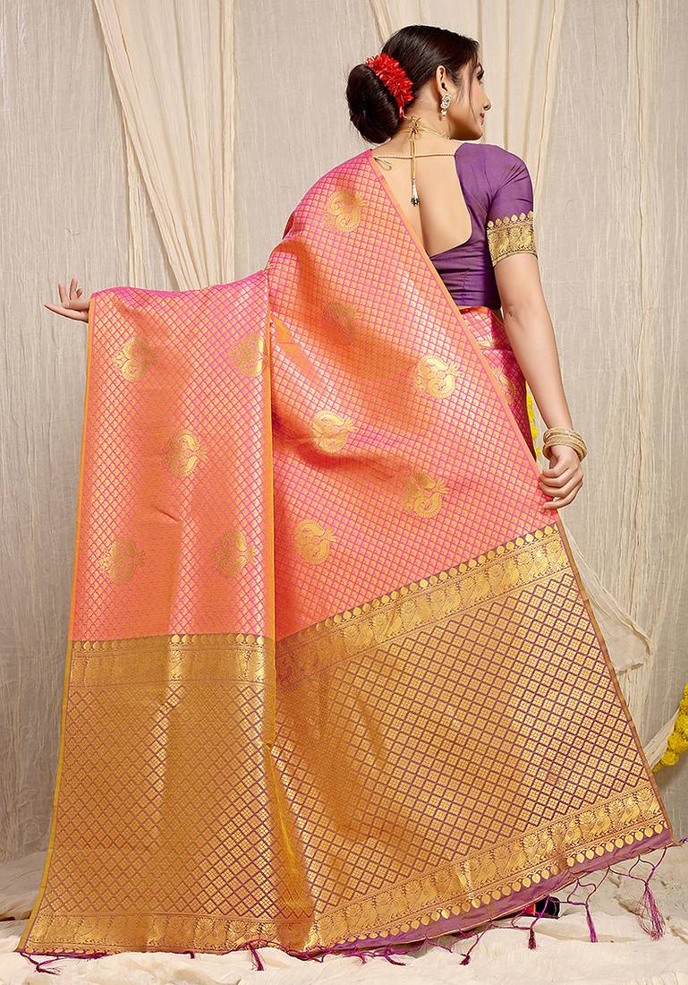 Rani pink kanjivaram silk blend zari woven saree with purple zari border