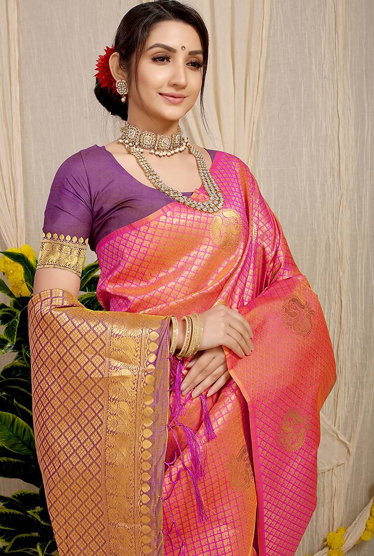 Rani pink kanjivaram silk blend zari woven saree with purple zari border