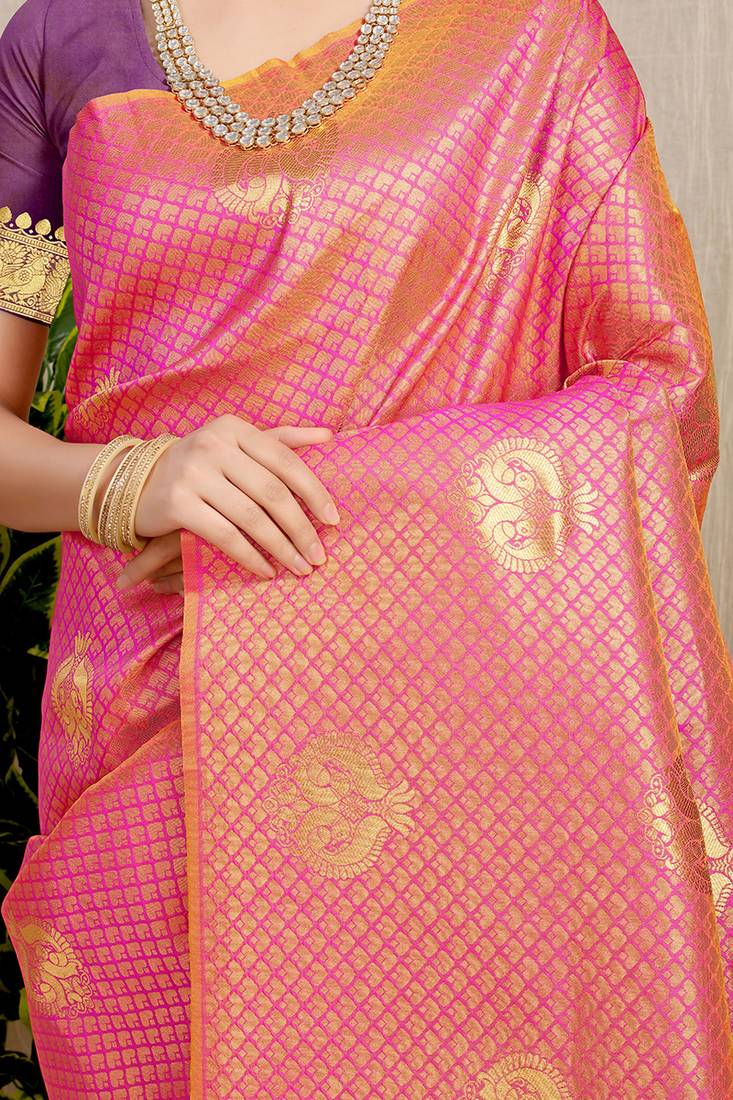 Rani pink kanjivaram silk blend zari woven saree with purple zari border
