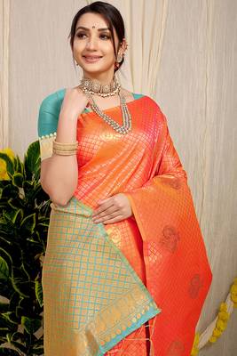 Orange kanjivaram silk blend zari woven saree with turquoise zari border 3