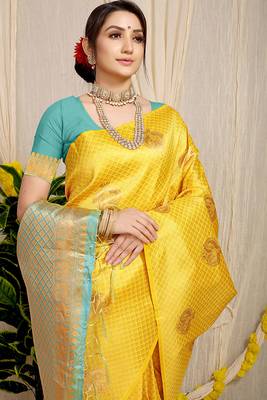Yellow kanjivaram silk blend zari woven saree with turquoise zari border 3