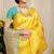 Yellow kanjivaram silk blend zari woven saree with turquoise zari border