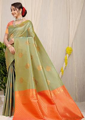 Olive green kanjivaram silk blend zari woven saree with orange zari border 1