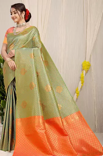 Olive green kanjivaram silk blend zari woven saree with orange zari border