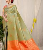 Olive green kanjivaram silk blend zari woven saree with orange zari border