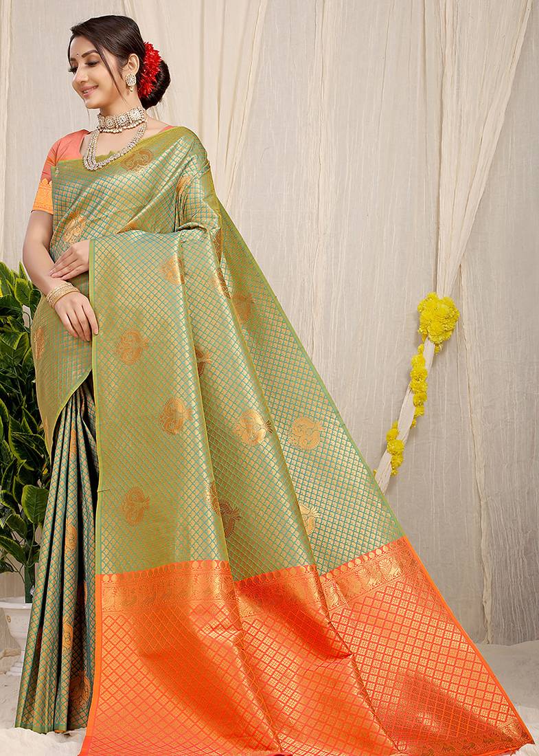 Olive green kanjivaram silk blend zari woven saree with orange zari border