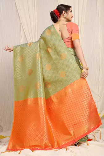 Olive green kanjivaram silk blend zari woven saree with orange zari border