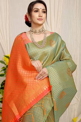 Olive green kanjivaram silk blend zari woven saree with orange zari border 3