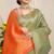 Olive green kanjivaram silk blend zari woven saree with orange zari border