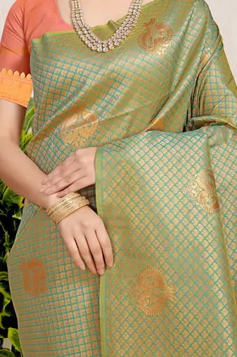 Olive green kanjivaram silk blend zari woven saree with orange zari border