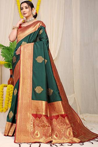 Bottle green silk blend kanjivaram saree with red zari border
