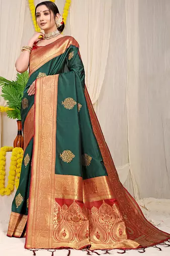 Bottle green silk blend kanjivaram saree with red zari border