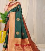 Bottle green silk blend kanjivaram saree with red zari border